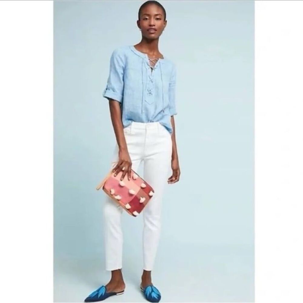 Maeve Marva Lace-Up Linen Blouse in Blue Size 8